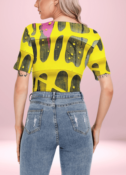 Yellow Urban Drip Graffiti Women's Short Sleeve Bodysuit