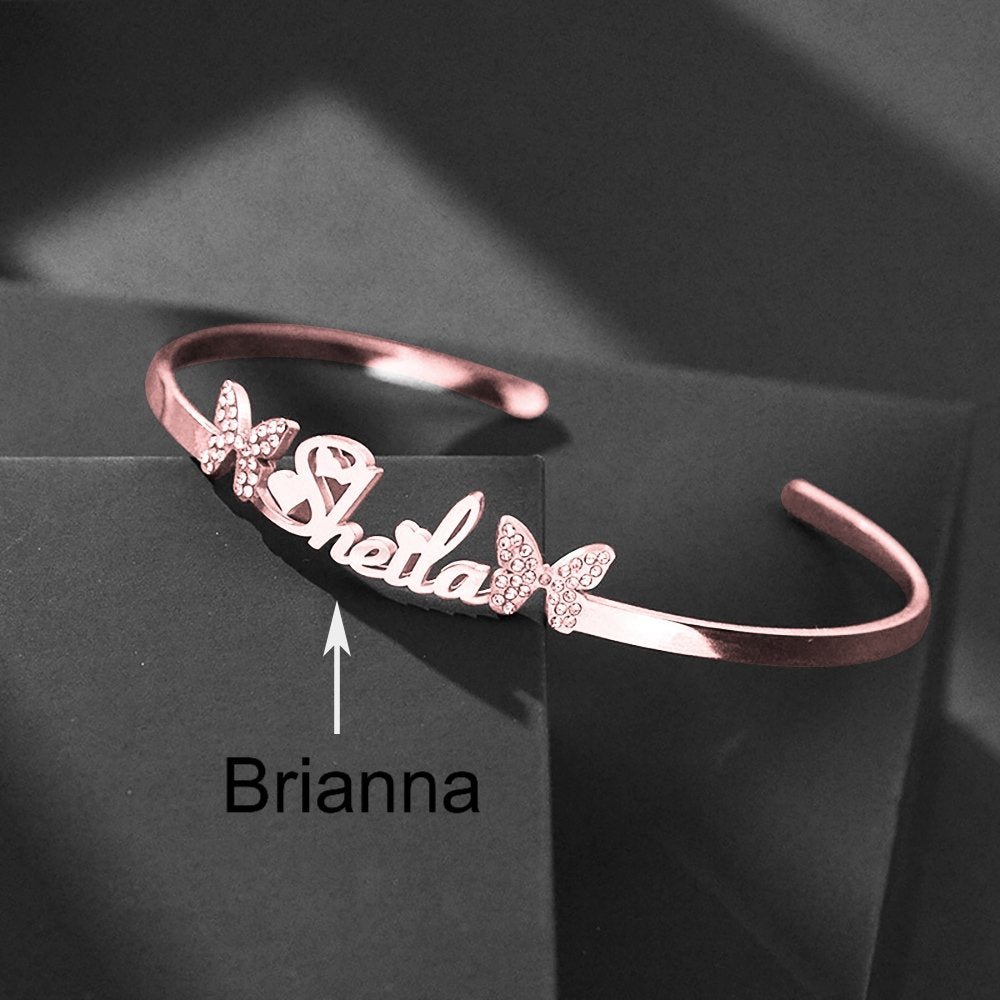 Custom Name Titanium Steel Butterfly Rhinestone Bracelet Opening Adjustable - Totally Bri LLC