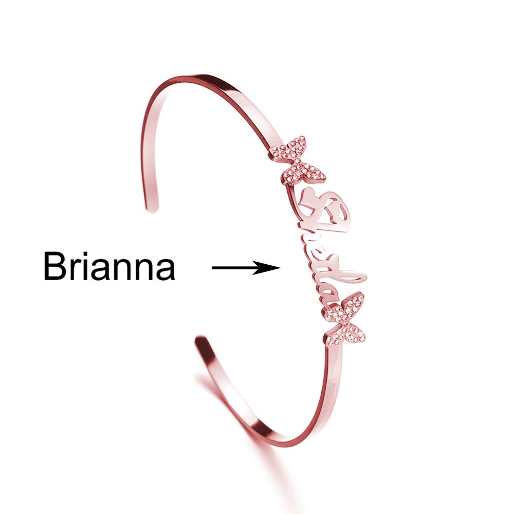 Custom Name Titanium Steel Butterfly Rhinestone Bracelet Opening Adjustable - Totally Bri LLC