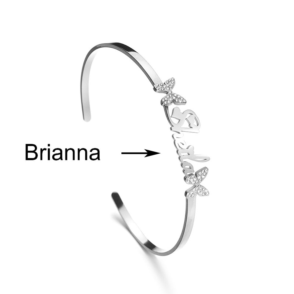 Custom Name Titanium Steel Butterfly Rhinestone Bracelet Opening Adjustable - Totally Bri LLC