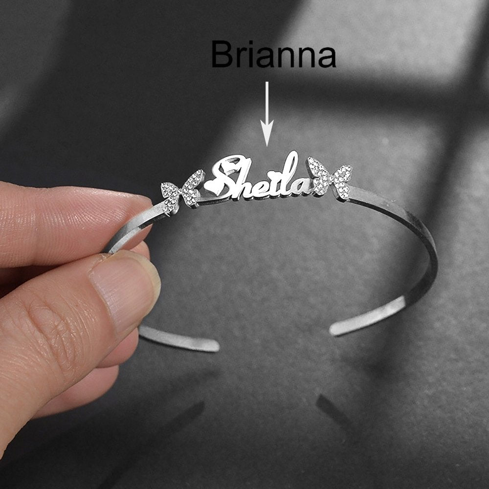 Custom Name Titanium Steel Butterfly Rhinestone Bracelet Opening Adjustable - Totally Bri LLC