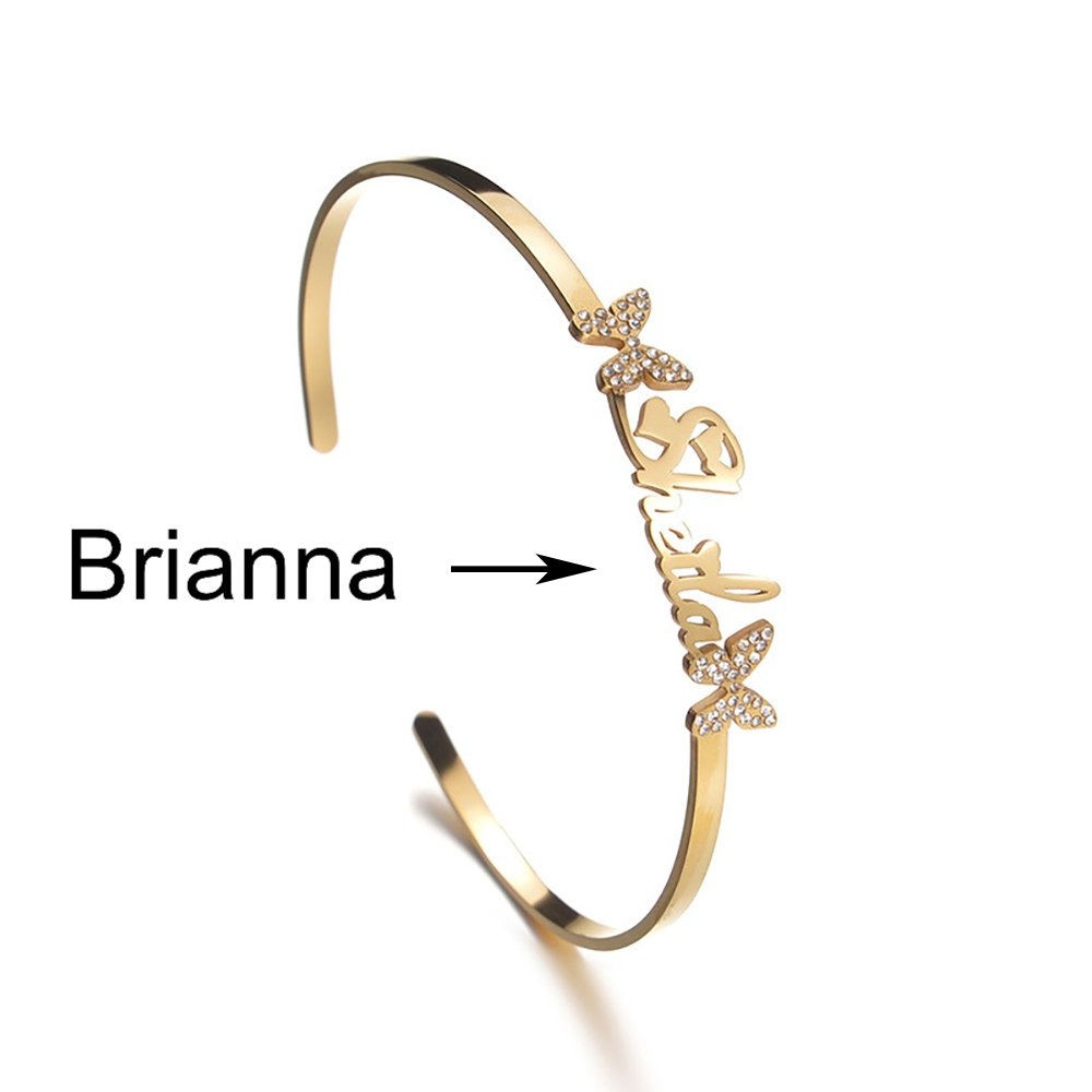 Custom Name Titanium Steel Butterfly Rhinestone Bracelet Opening Adjustable - Totally Bri LLC