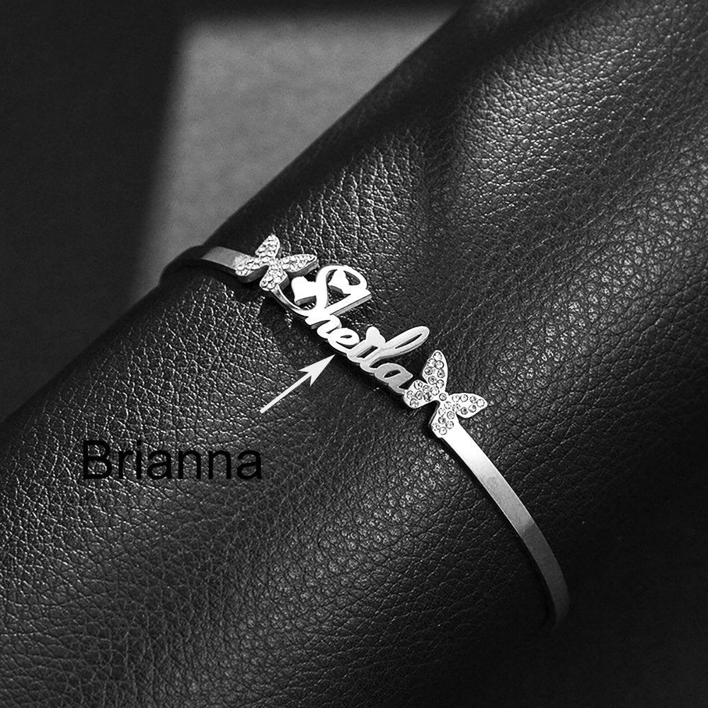 Custom Name Titanium Steel Butterfly Rhinestone Bracelet Opening Adjustable - Totally Bri LLC